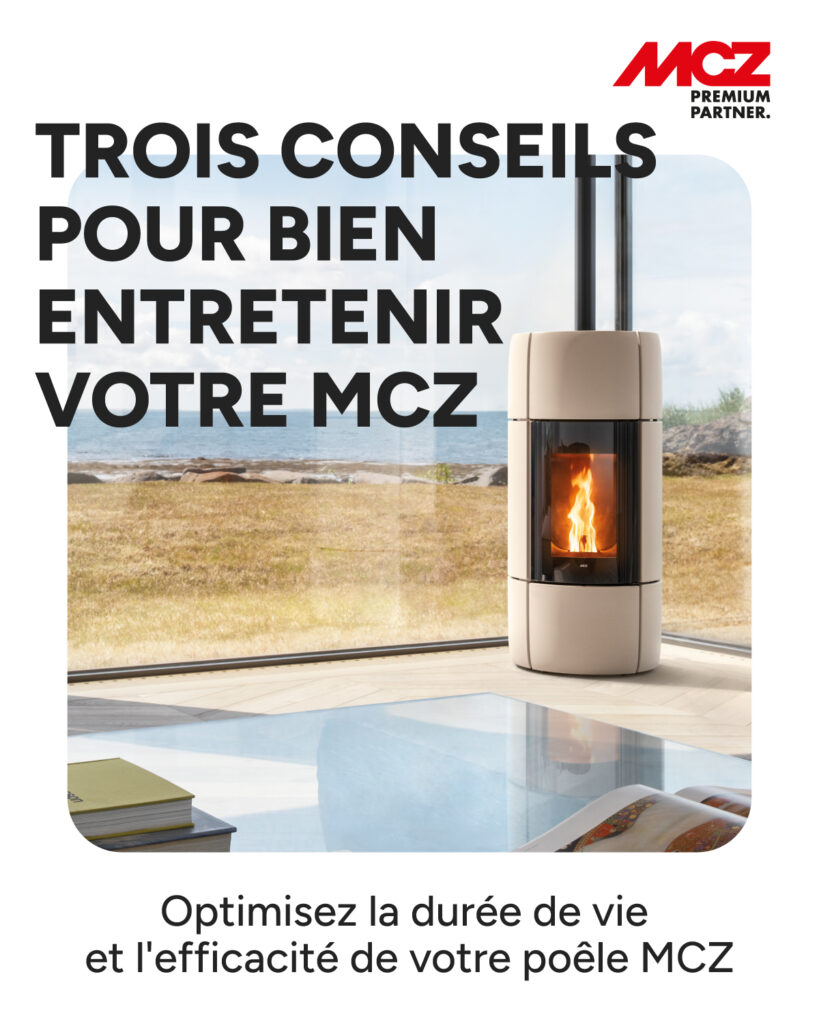 Poêle à granulés MCZ allumé dans un salon – entretien régulier pour une meilleure performance énergétique